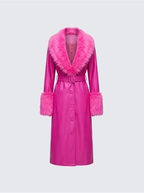 Finesse Willa Long Pink Vegan Fur Leather Coat with Belt